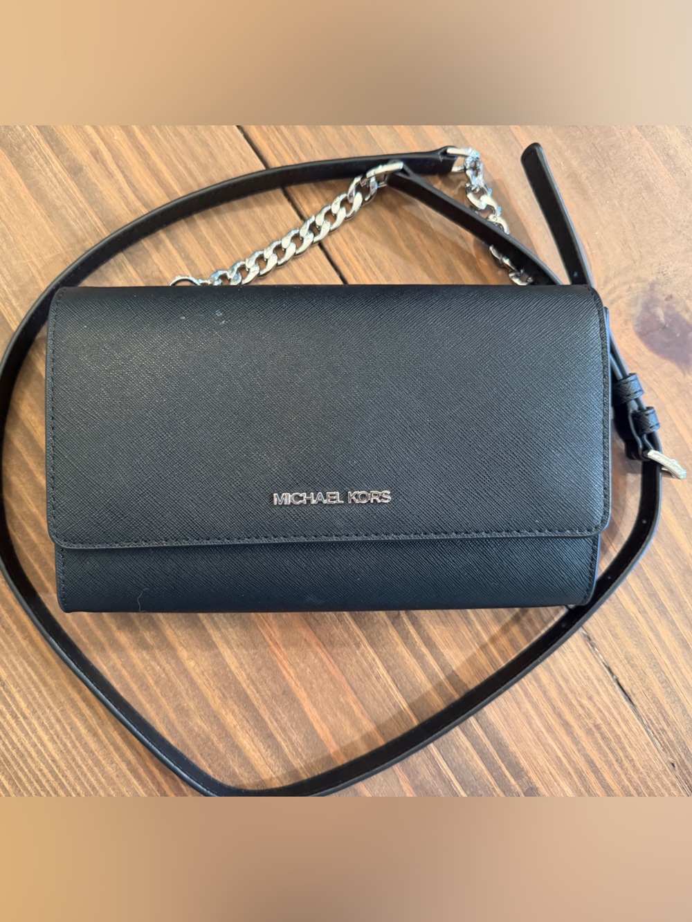 Michael Kors Black Saffiano Crossbody Wallet with Chain Strap
